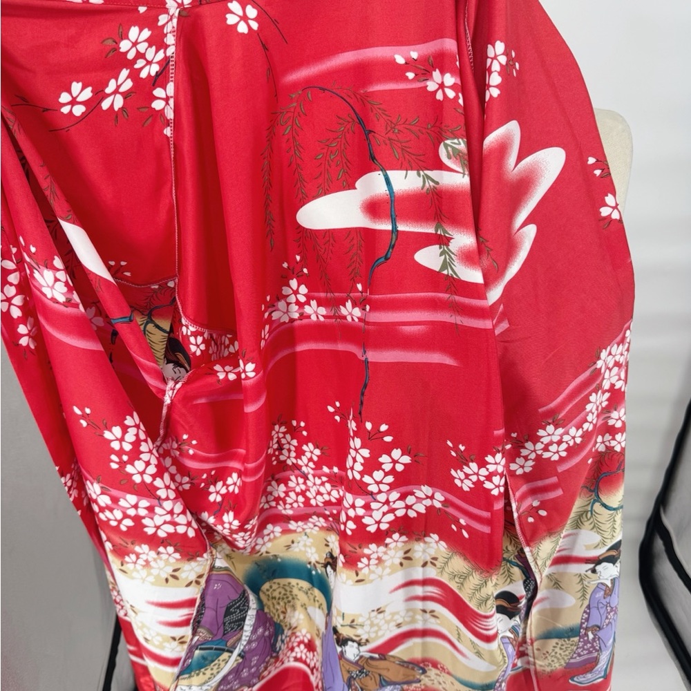 Hanboyuan Red Satin-Feel‎ Kimono Robe Floral Print Wrap Lounge Robe OS - Picture 4 of 6